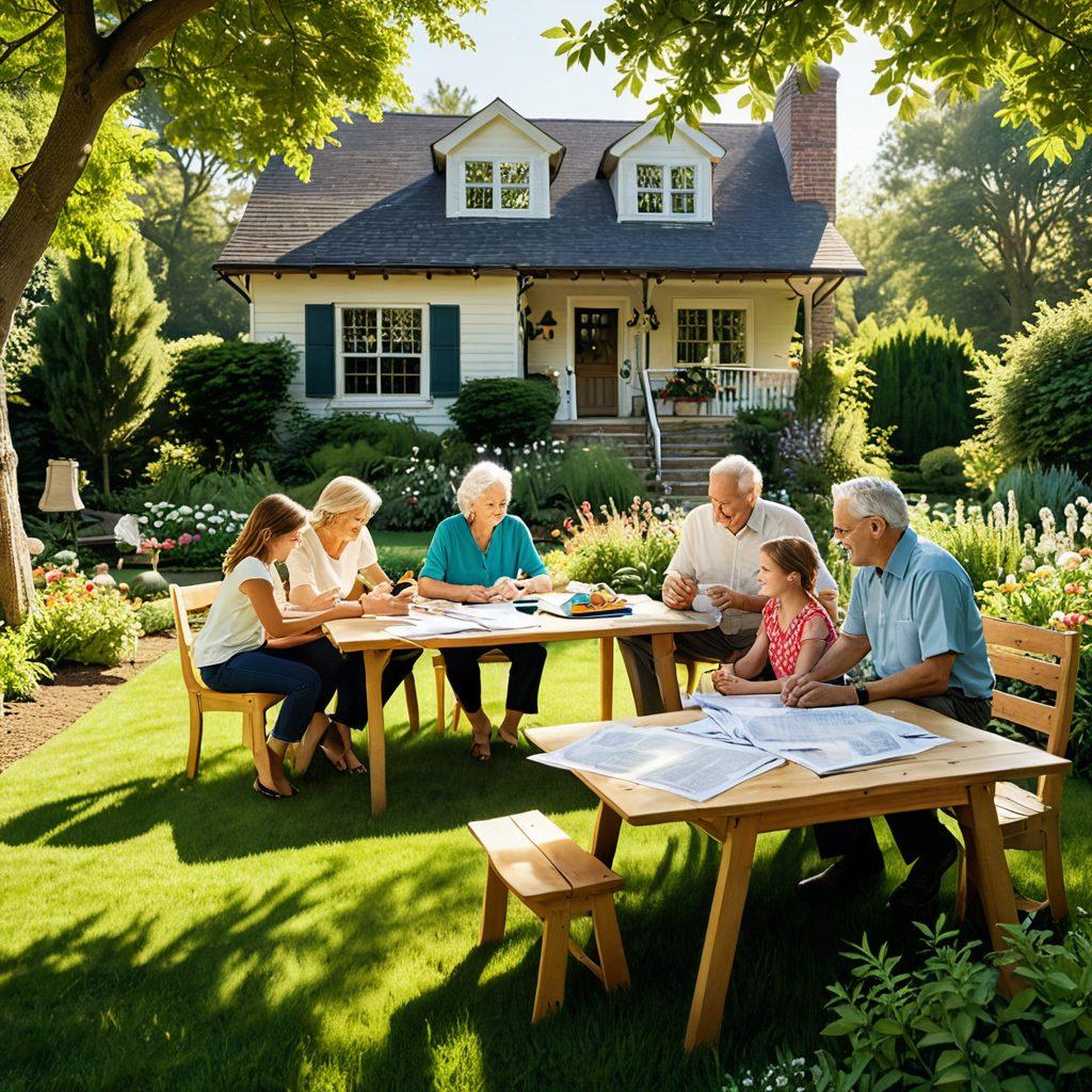 A warm, inviting family scene showcasing multiple generations together, discussing a blueprint for a home surrounded by nature, with soft sunlight filtering through trees. Include elements like an insurance policy document on the table, smiling faces, and a sense of collaboration and support. The background should have a beautiful garden and a cozy house. vibrant colors. super-realistic.