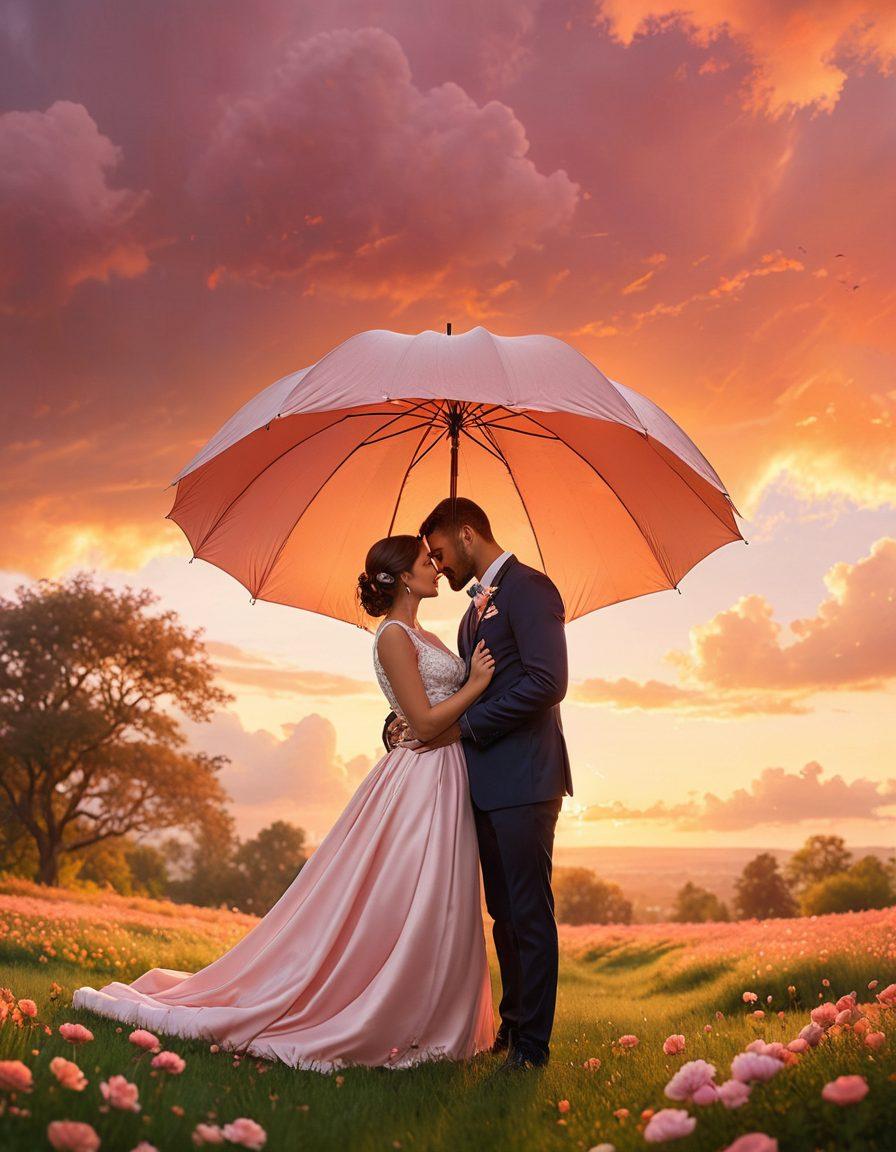 A romantic scene depicting a couple embracing under a protective umbrella, symbolizing love and security. The background should feature soft, heart-shaped clouds with a gentle sunset, enhancing the romantic atmosphere. Include subtle elements like wedding rings and nature, representing commitment and companionship. The overall tone should feel warm and inviting. super-realistic. vibrant colors. soft focus.